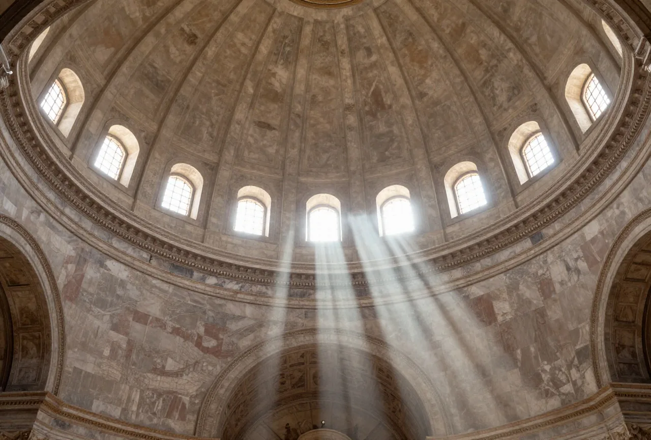 Ein weiter Kuppelraum einer byzantinischen Kirche mit schlichten Marmorwänden, Licht fällt durch Fenster am Kuppelrand