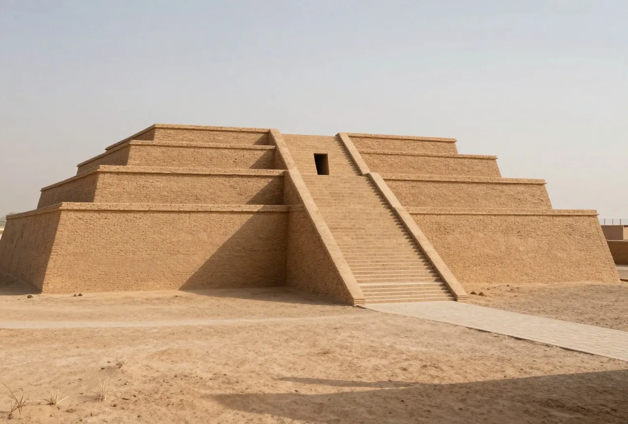 Eine mächtige gestufte Tempelplattform aus Lehmziegeln mit breiter Mitteltreppe in flacher Wüste bei tief stehender Sonne