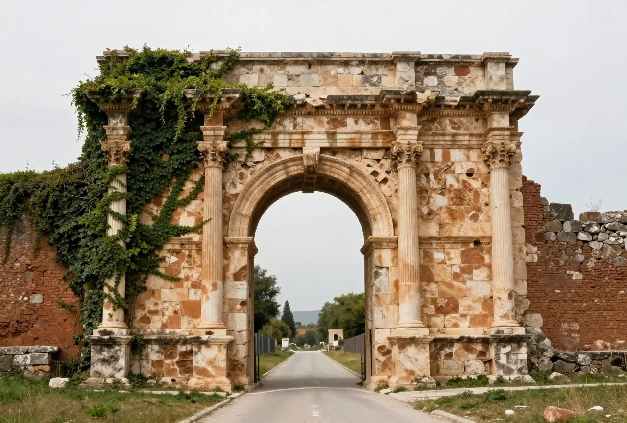 Die Ruine eines spätrömischen Stadttors mit Bogen, teils mit Efeu bewachsen, ein schmaler Weg führt hindurch