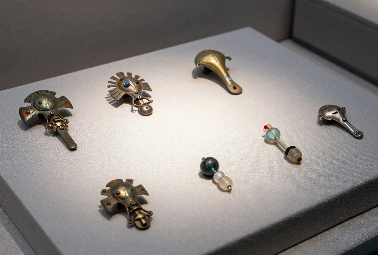 Mehrere Gewandspangen aus Bronze und Silber und Glasperlen liegen auf grauem Leinen in einer Museumsvitrine