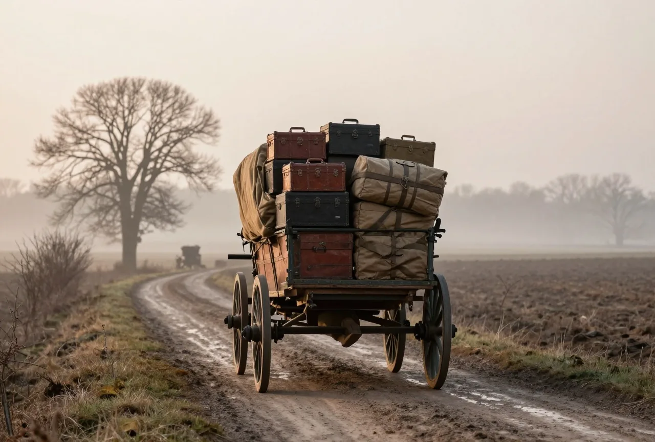 Ein beladener Planwagen auf einem schlammigen Landweg im Morgennebel, von hinten aus der Ferne gesehen