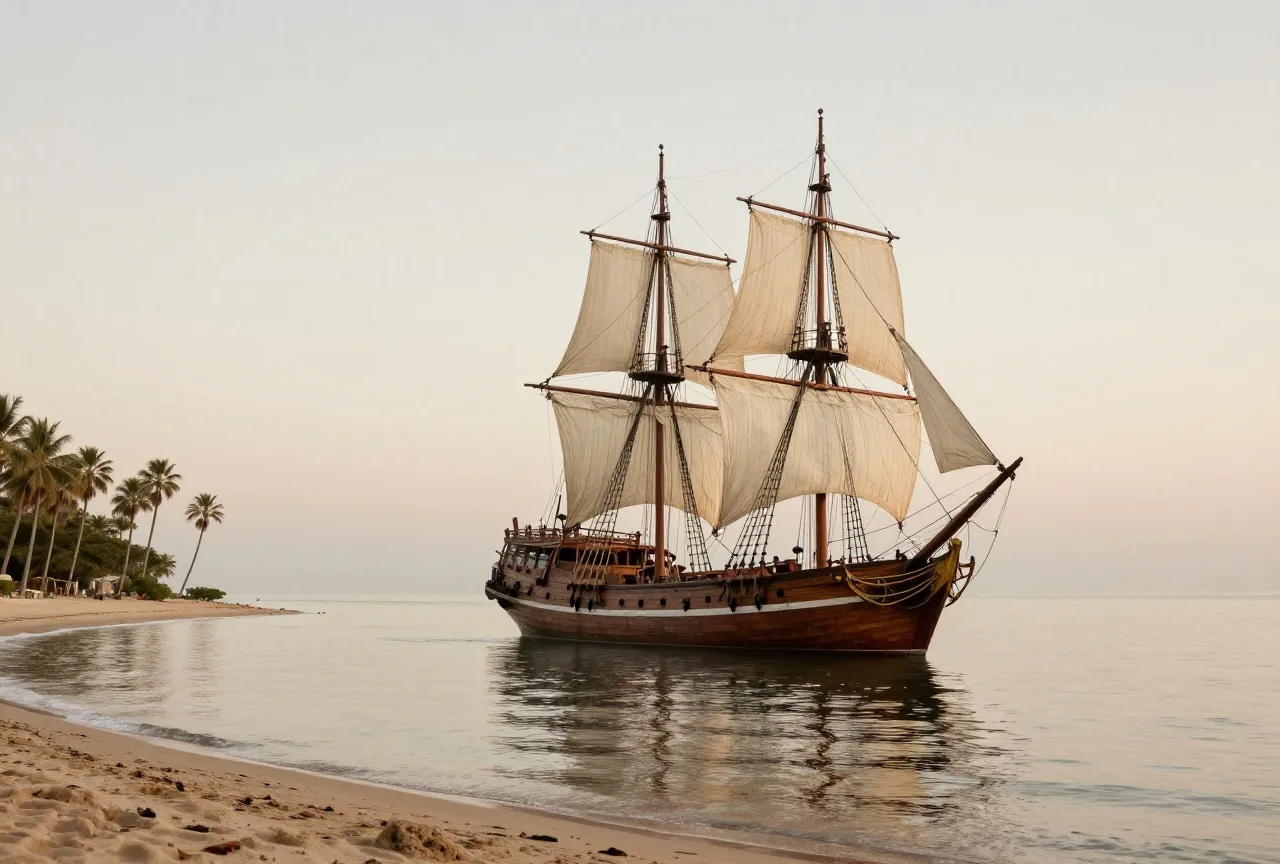Ein großes hölzernes Segelschiff des 18. Jahrhunderts liegt in einer ruhigen Bucht vor einem leeren Palmenstrand vor Anker