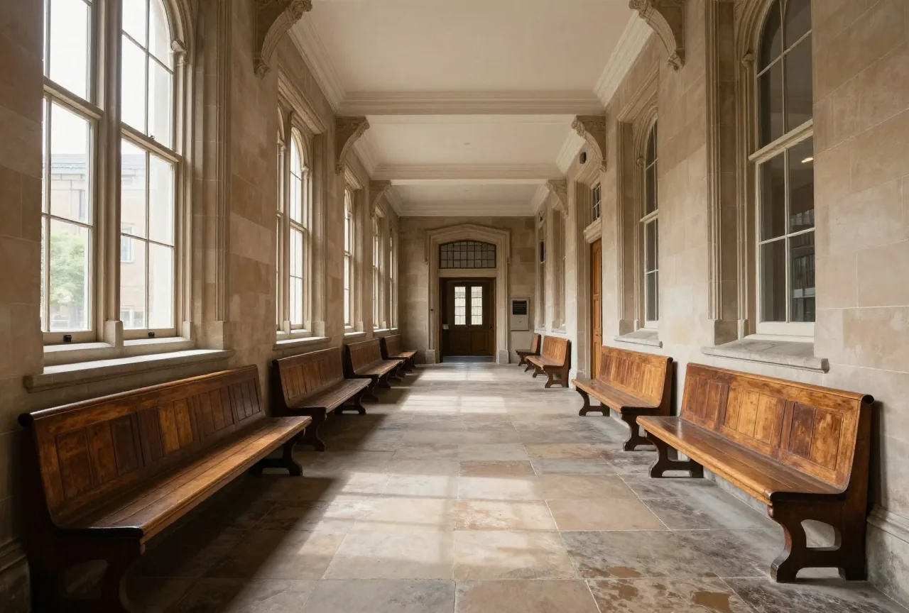 Ein sonniger Flur in einem alten Universitätsgebäude mit hohen Fenstern, Steinboden und leeren Holzbänken