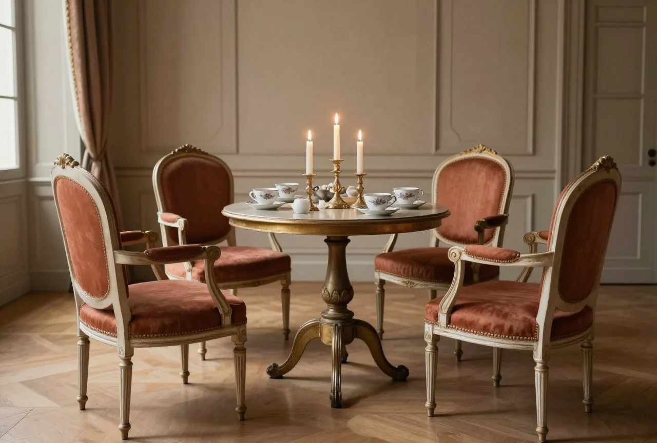 Ein eleganter Pariser Salon des 18. Jahrhunderts mit Polsterstühlen, Kaffeetassen aus Porzellan und Kerzen