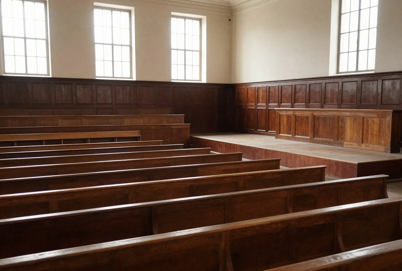 Ein großer leerer Versammlungssaal des späten 18. Jahrhunderts mit Holzbänken vor einem erhöhten Podium