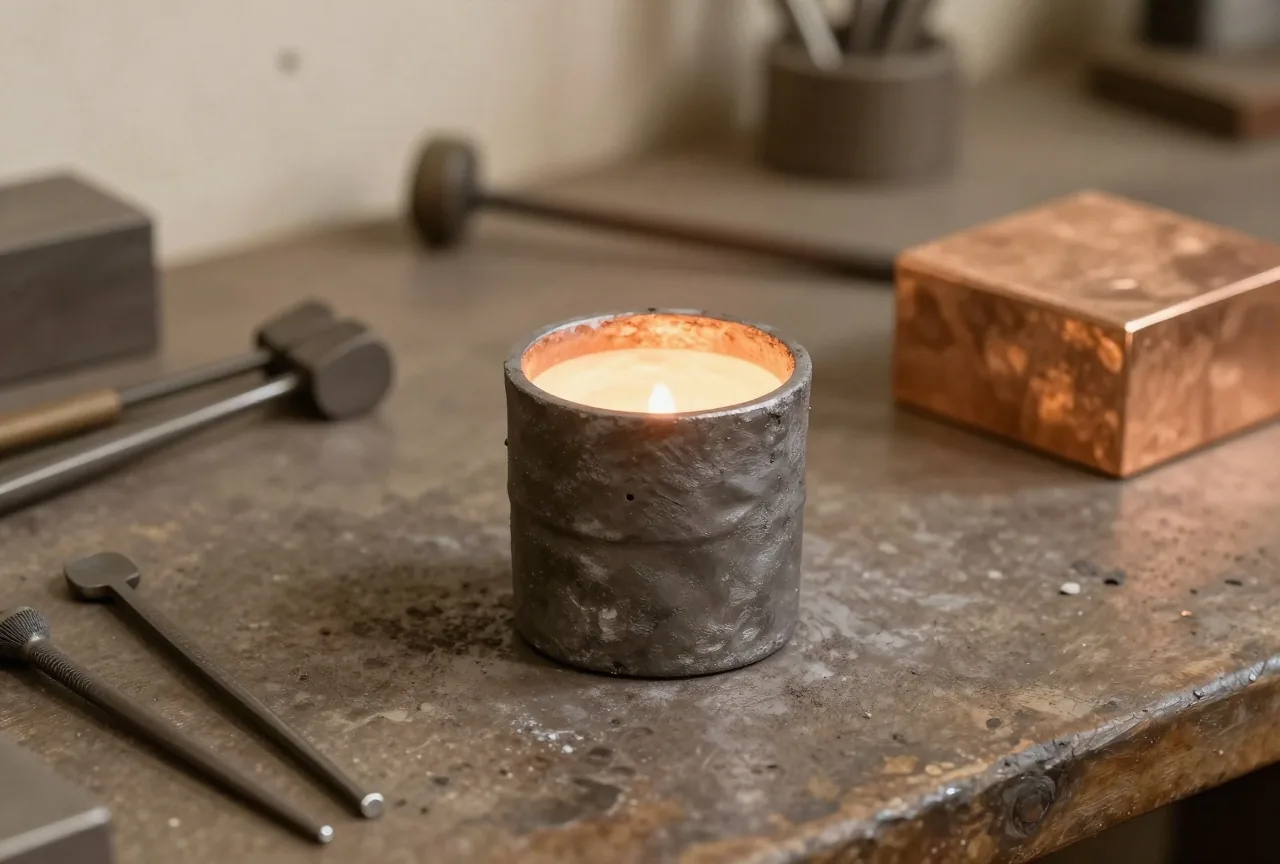 Ein kleiner Schmelztiegel mit grauem Metall auf einer Werkbank, daneben Gießwerkzeug und ein Kupferblock