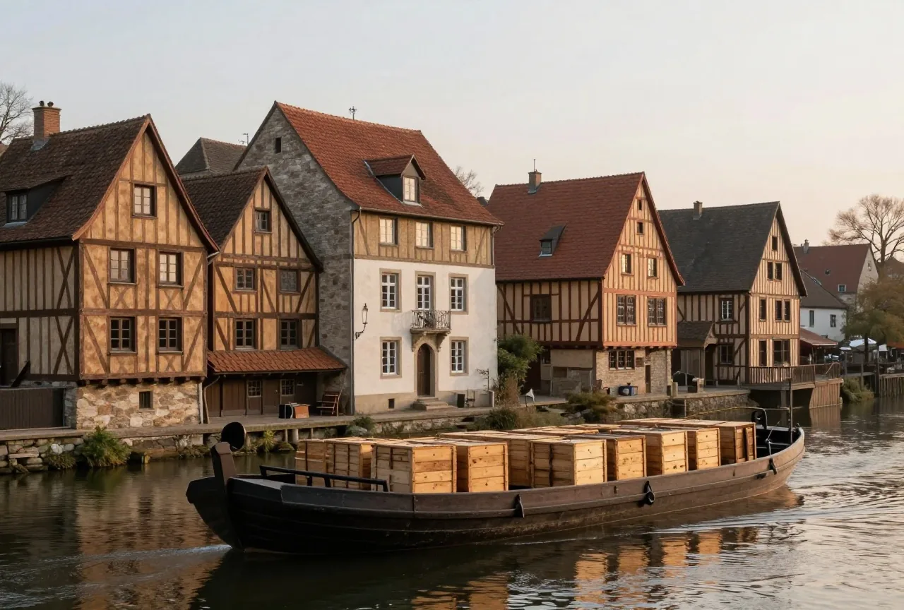 Eine Hafenstadt am Fluss mit Fachwerkhäusern im Morgenlicht und einem Lastkahn voller Holzkisten