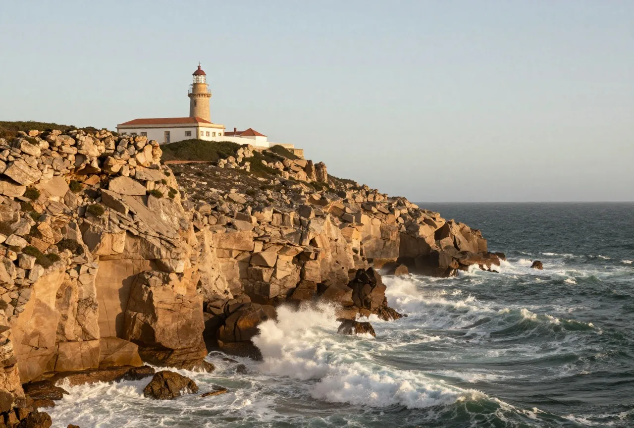 Steile Klippen an der Südwestspitze Portugals mit Brandung und einem einzelnen Leuchtturm im Nachmittagslicht