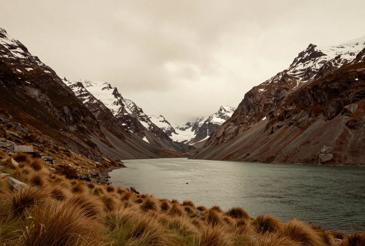Eine schmale Meeresstraße zwischen schneebedeckten Bergen in Patagonien mit dunklem Wasser und tiefen Wolken