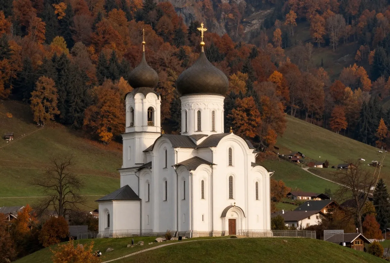 Eine weiße Wallfahrtskirche mit Zwiebelturm auf einem grünen Hügel in einem Alpental im Abendlicht