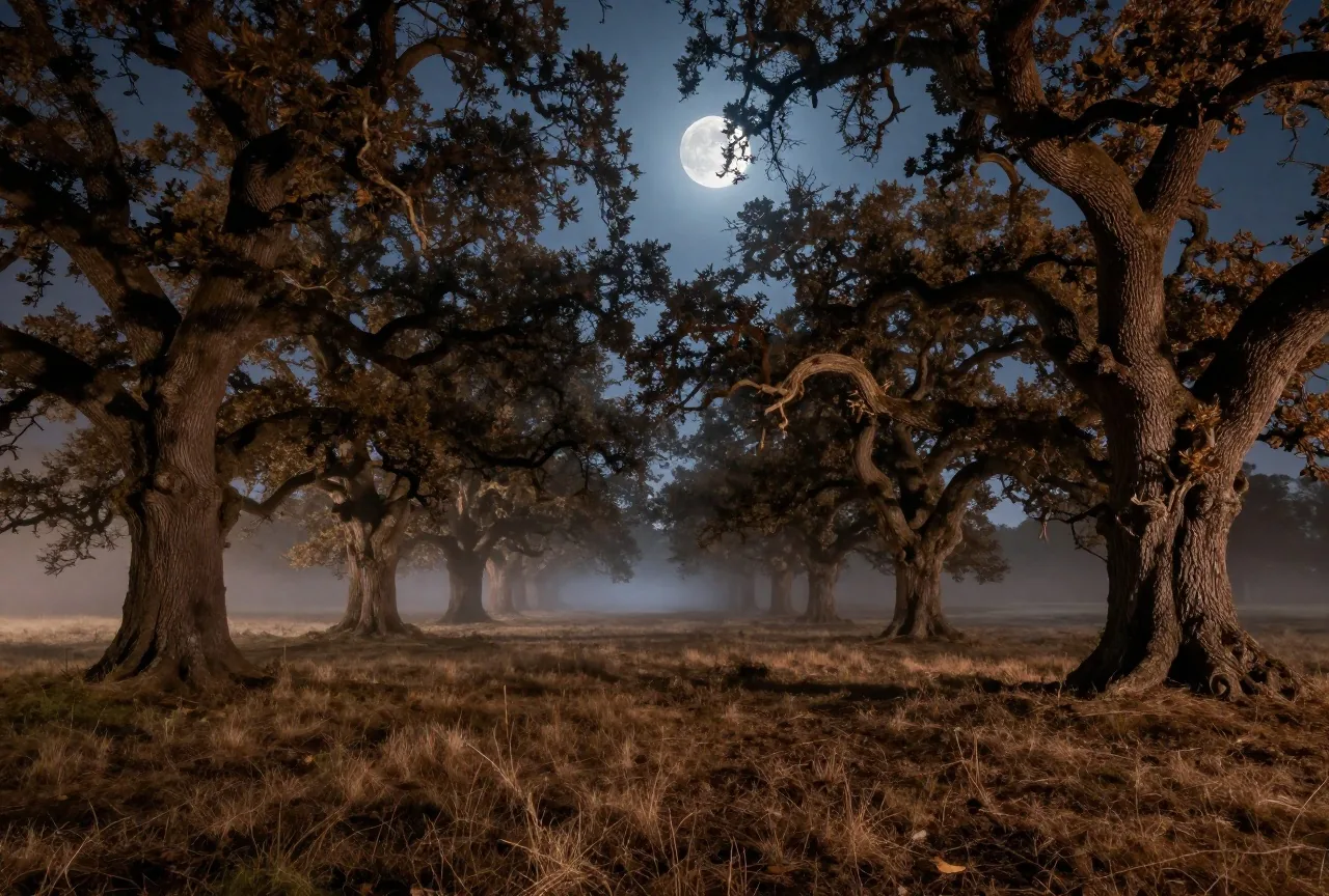 Eine leere Waldlichtung bei Vollmond mit knorrigen Eichen und Nebel über dem feuchten Gras