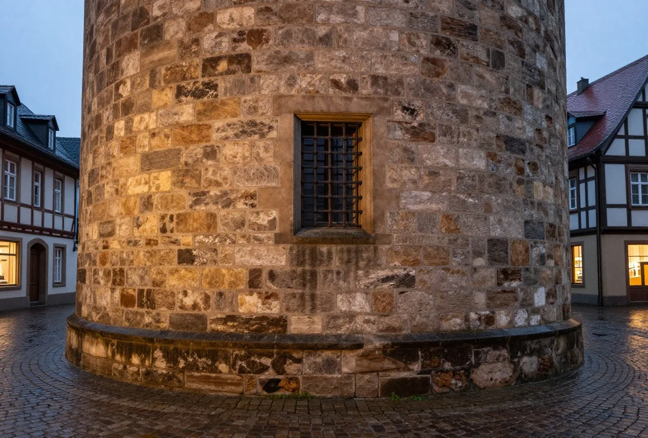 Ein schmaler runder Steinturm in einer Altstadt in der Dämmerung mit vergittertem Fenster und nassem Pflaster