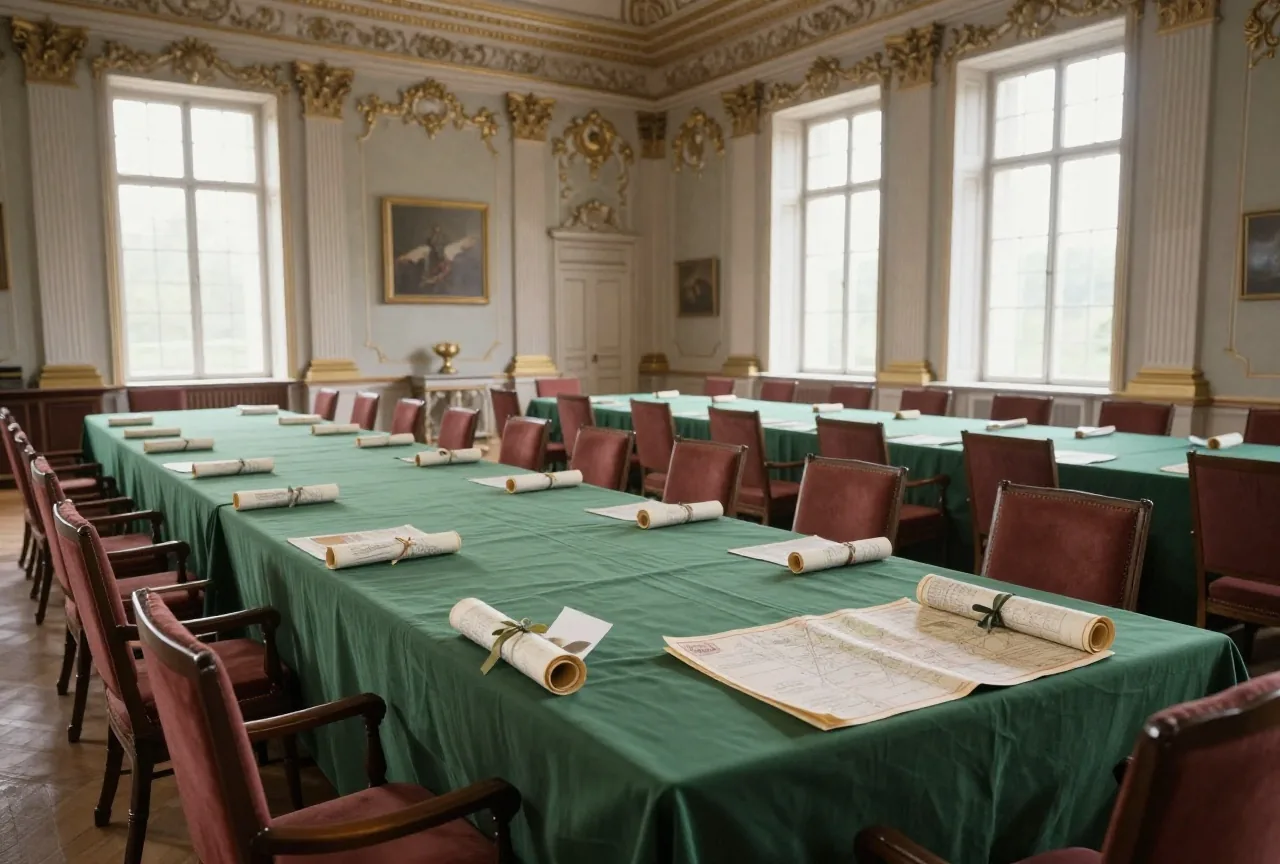 Ein leerer Ratssaal in einem Barockschloss mit langem grünem Tisch, Lehnstühlen und zusammengerollten Karten