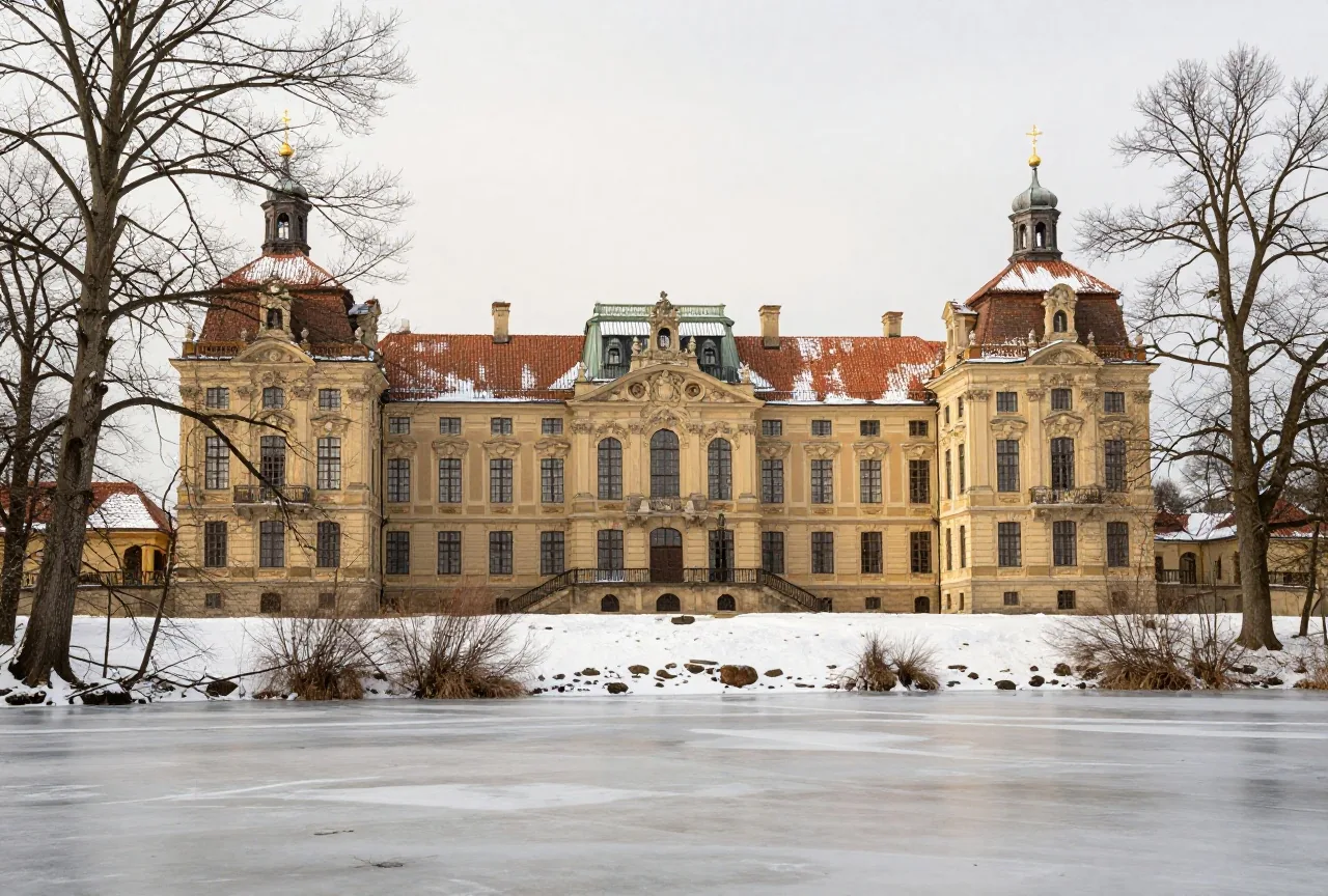 Ein großes barockes Jagdschloss in Sachsen hinter einem zugefrorenen Teich, kahle Bäume und Schnee auf den Dächern