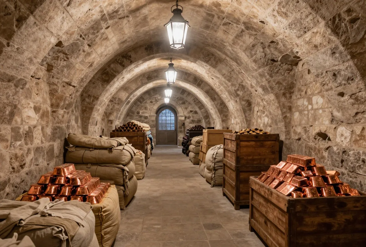 Ein gewölbtes Lagerhaus aus Stein mit Kupferbarren, Stoffballen und Holzkisten im Licht einer Laterne