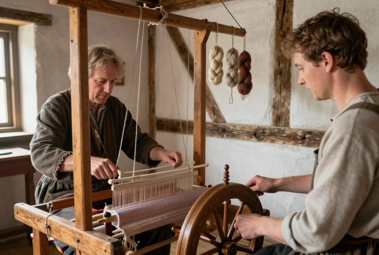 Eine ländliche Stube mit Handwebstuhl, Spinnrad und Strängen aus Leinengarn an einem Holzbalken