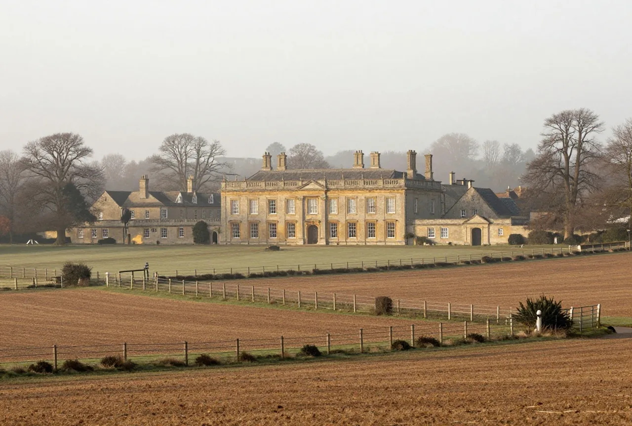 Weite eingezäunte Felder mit Hecken eines englischen Landguts im Morgennebel, in der Ferne ein steinernes Gutshaus