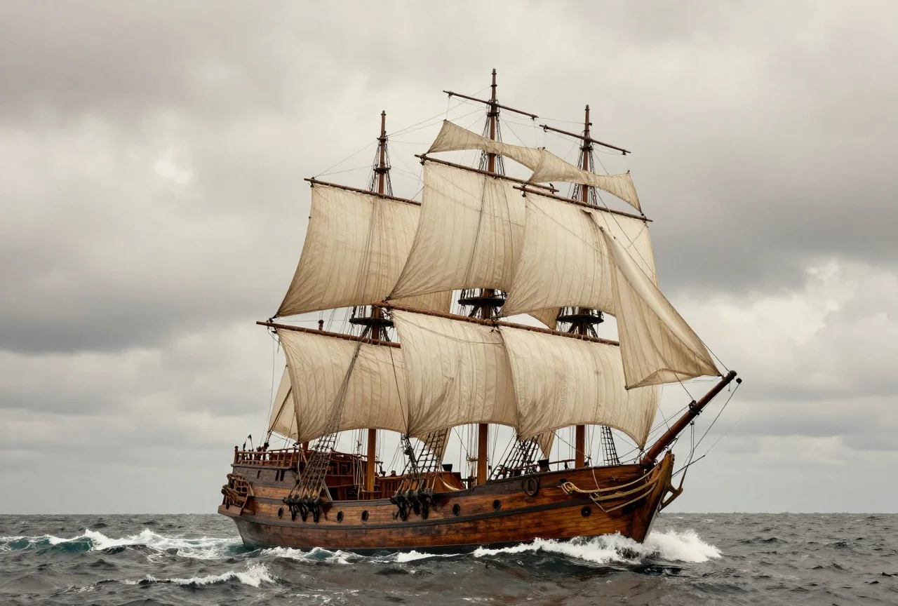 Ein dreimastiges Segelschiff aus Holz auf offener See unter Wolken, die Segel gebläht