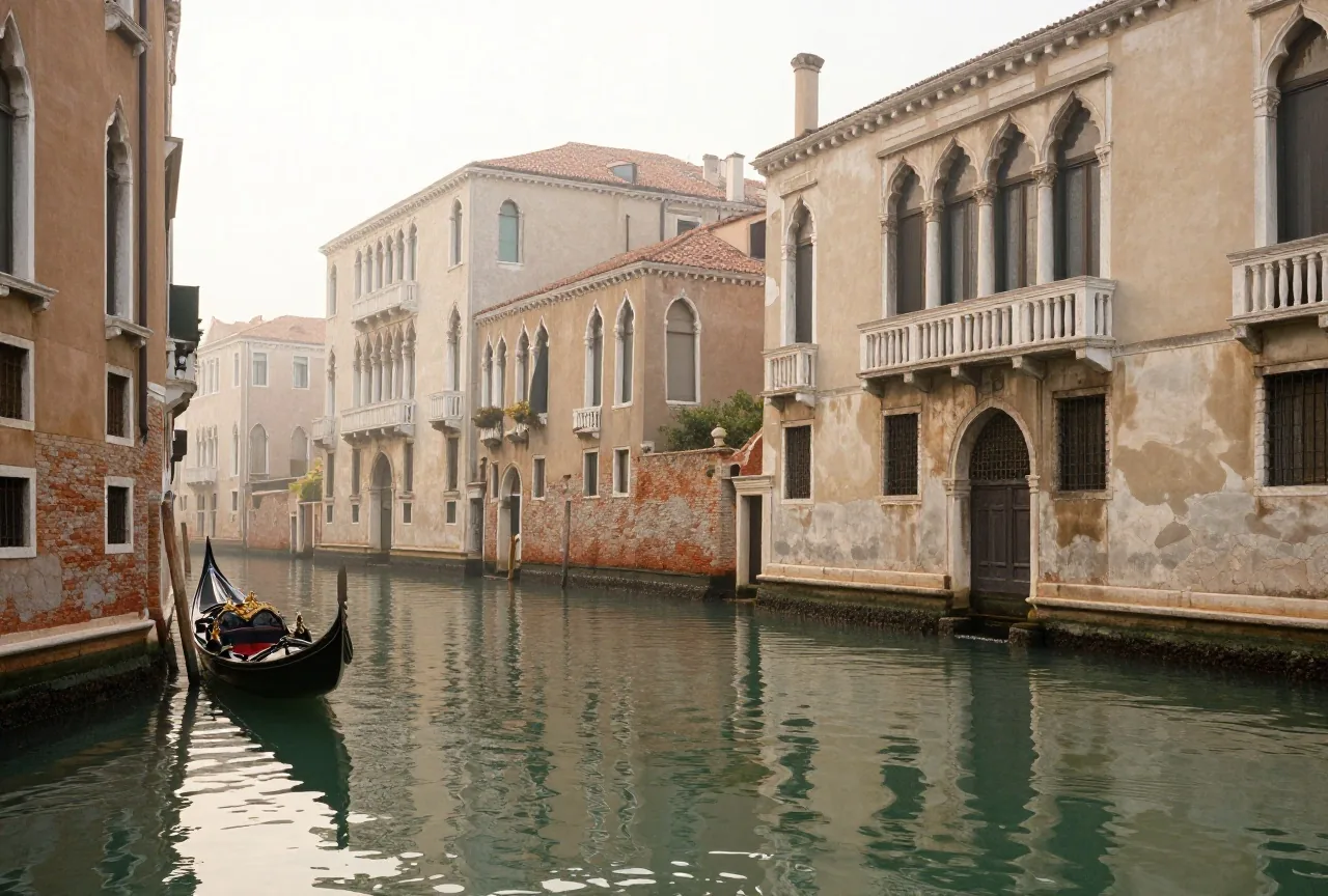Ein ruhiger Kanal in Venedig im Morgendunst mit Palastfassaden, Bogenfenstern und einer festgemachten Gondel