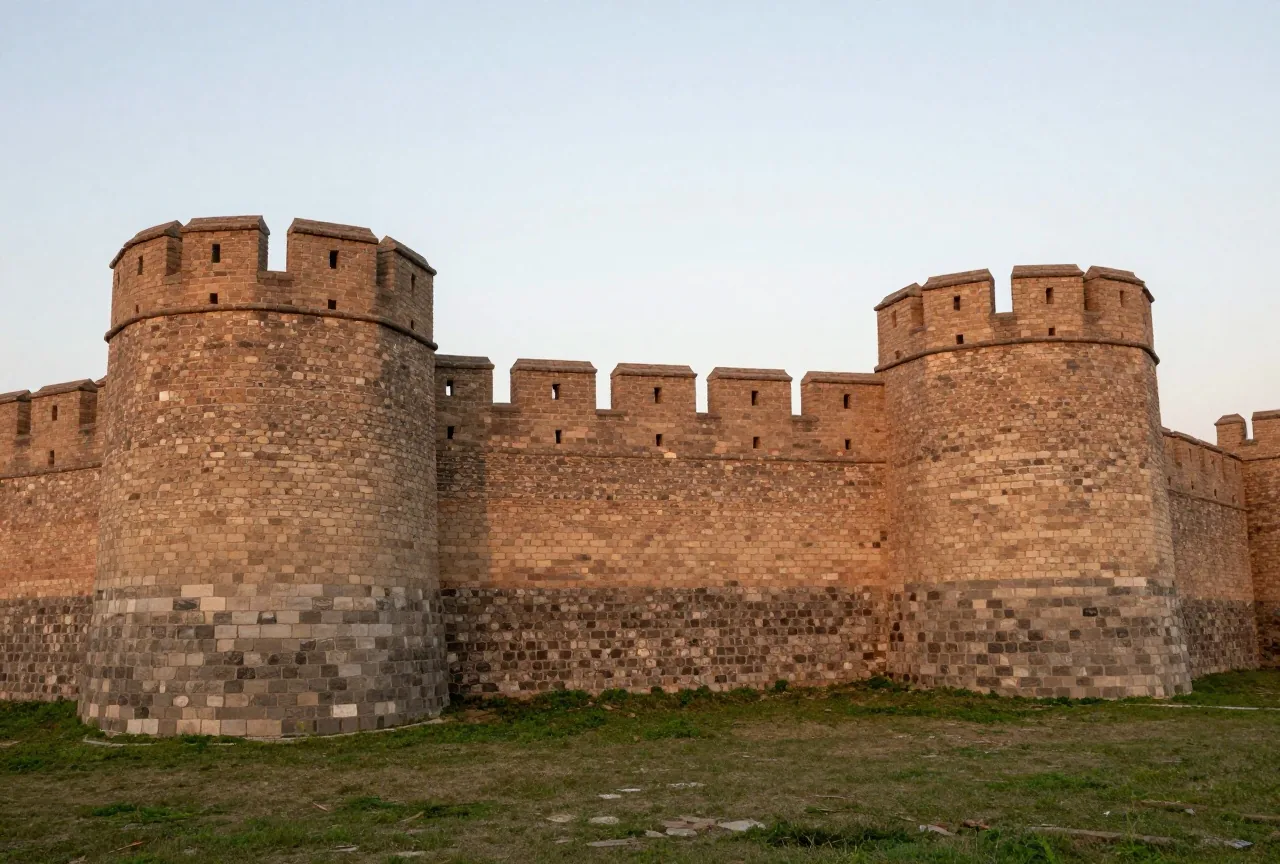 Mächtige alte Stadtmauern mit eckigen Türmen aus Stein- und Ziegellagen, von Gras bewachsen, im Abendlicht