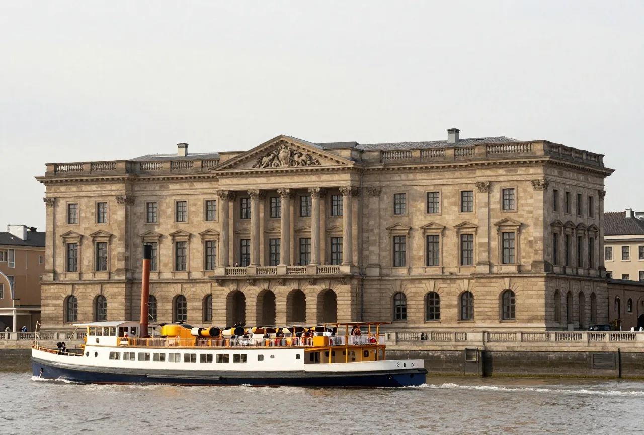 Ein Regierungsgebäude des 19. Jahrhunderts mit klassizistischer Steinfassade am Wasser, davor ein Dampfschiff