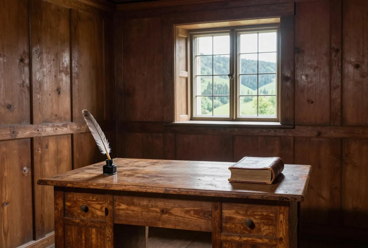 Eine holzgetäfelte Burgstube mit schlichtem Schreibtisch, Federkiel und Tintenfass, durch das Fenster bewaldete Hügel