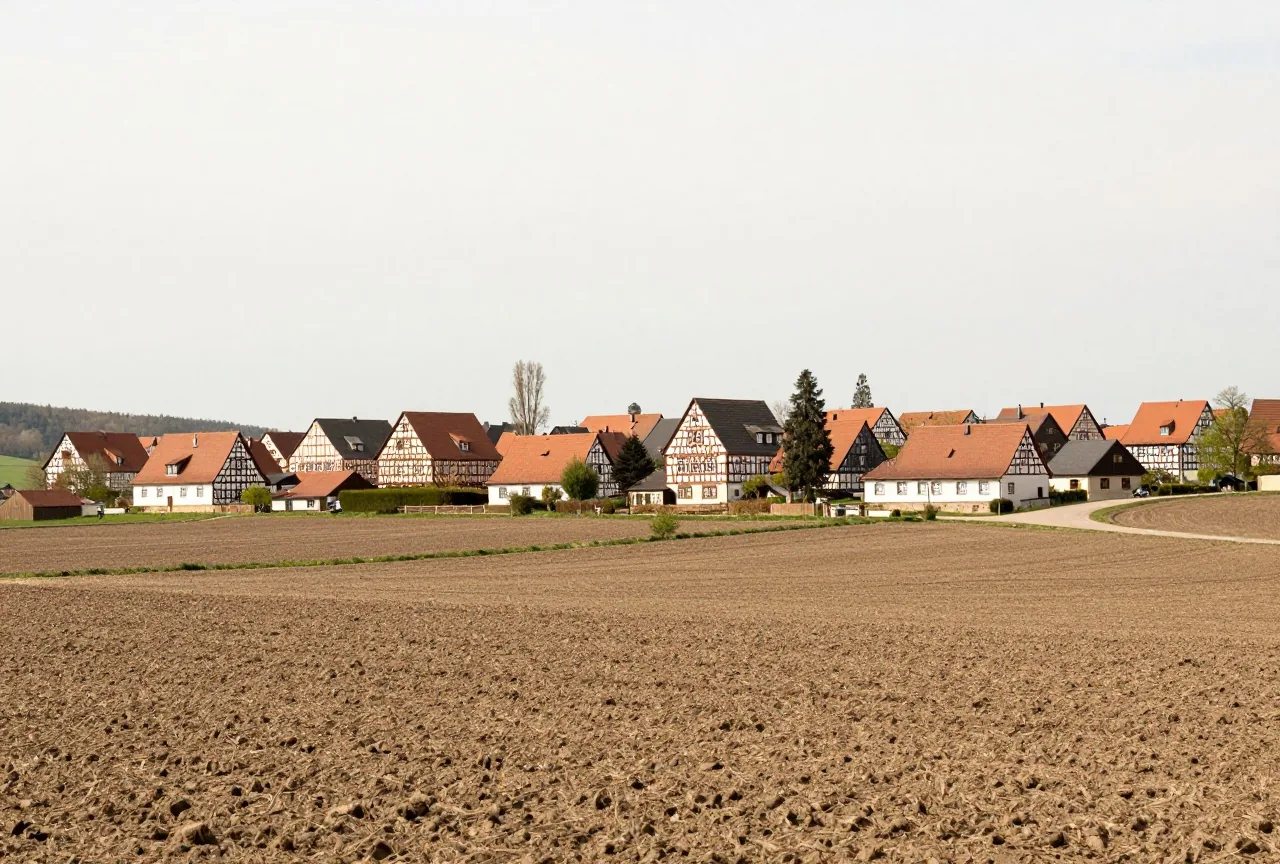 Hügeliges Ackerland im Vorfrühling mit einem Dorf aus Fachwerkhöfen, gepflügten Feldern und einem Feldweg