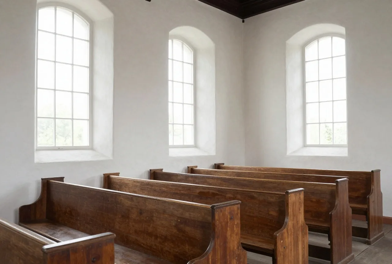 Das helle Innere einer weiß getünchten niederländischen Kirche mit klaren Fenstern und leeren Holzbänken