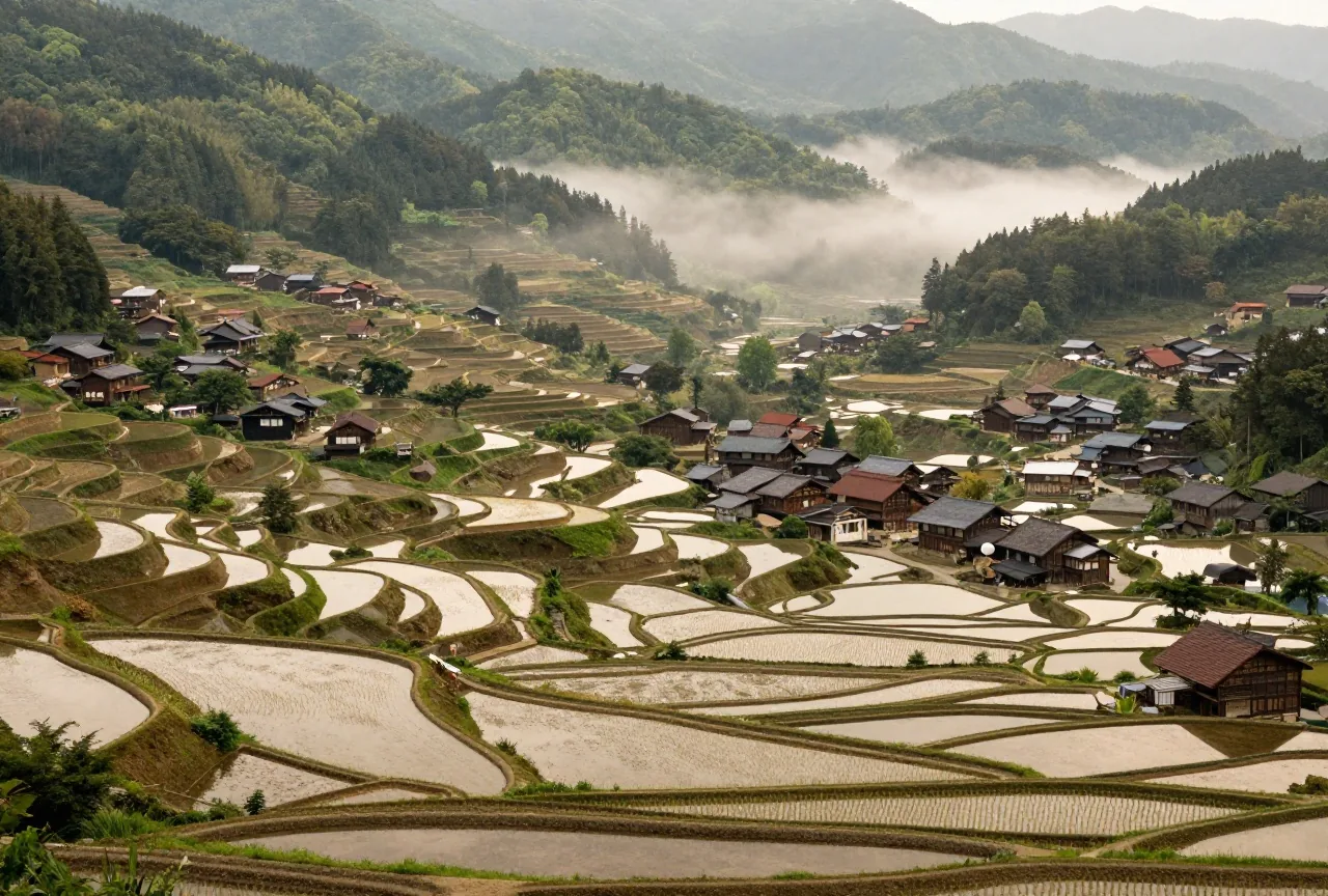 Terrassierte Reisfelder und ein kleines Holzdorf in einem japanischen Bergtal im Morgennebel