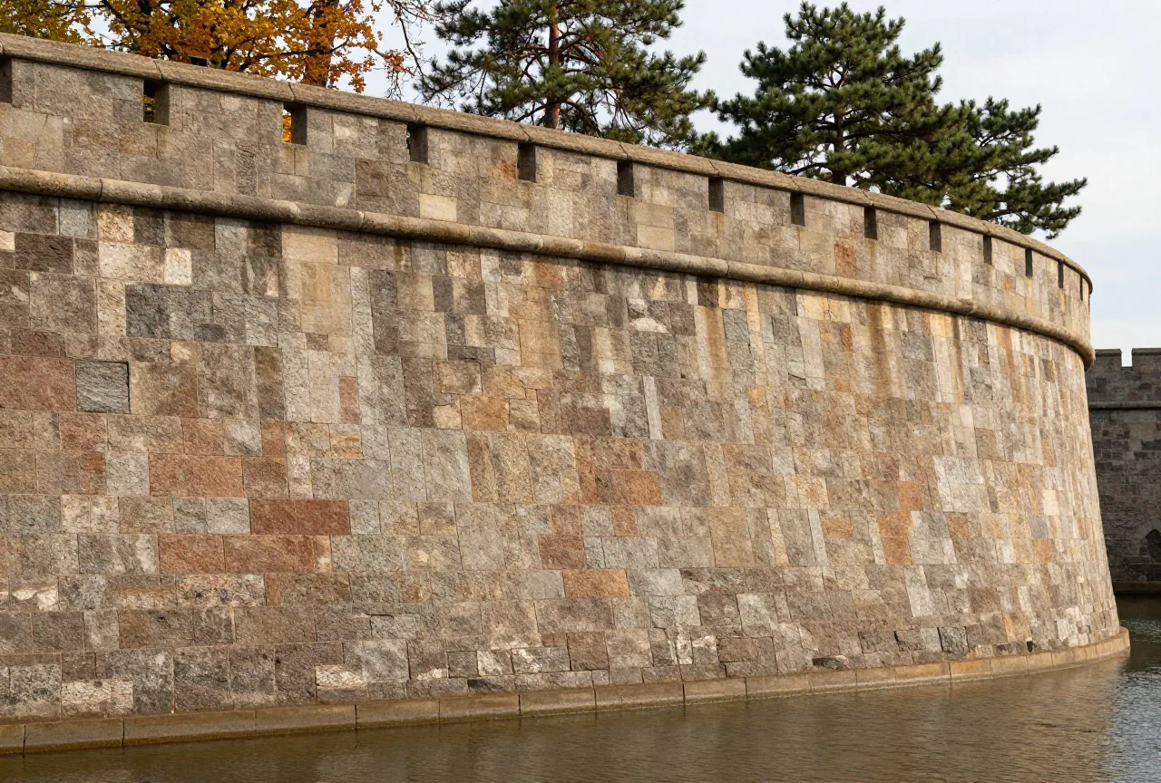 Eine gewaltige geschwungene Burgmauer aus Granitblöcken über einem ruhigen Wassergraben mit Kiefern im Herbstlicht
