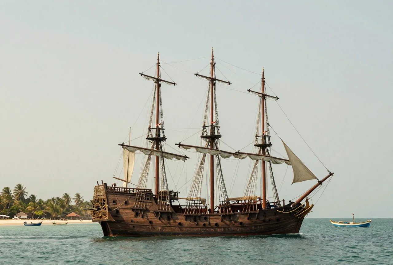 Ein hölzernes Segelschiff mit drei Masten ankert in einer grünen subtropischen Bucht, Fischerboote am Strand