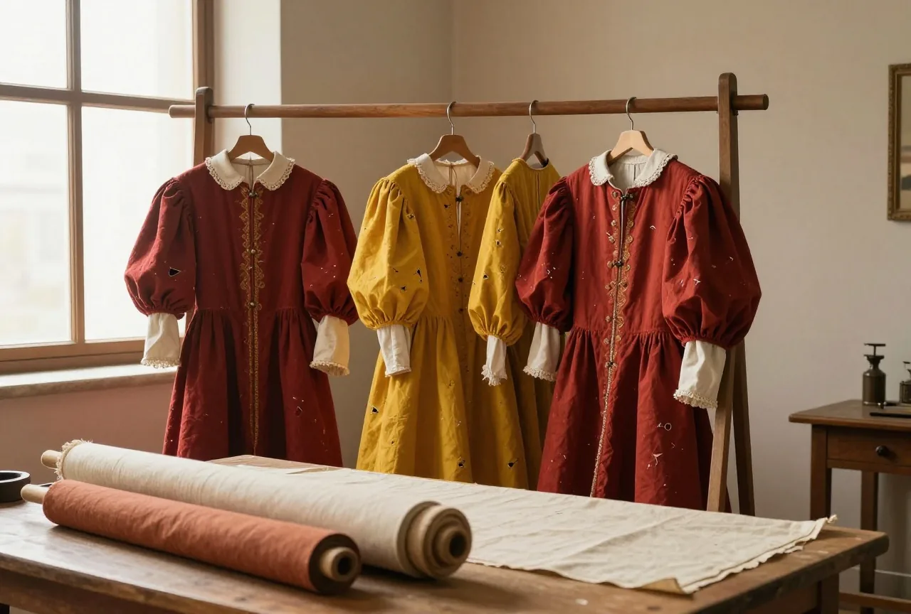 Eine Schneiderwerkstatt mit bunten geschlitzten Gewändern in Rot und Gelb auf einem Holzgestell und Stoffballen