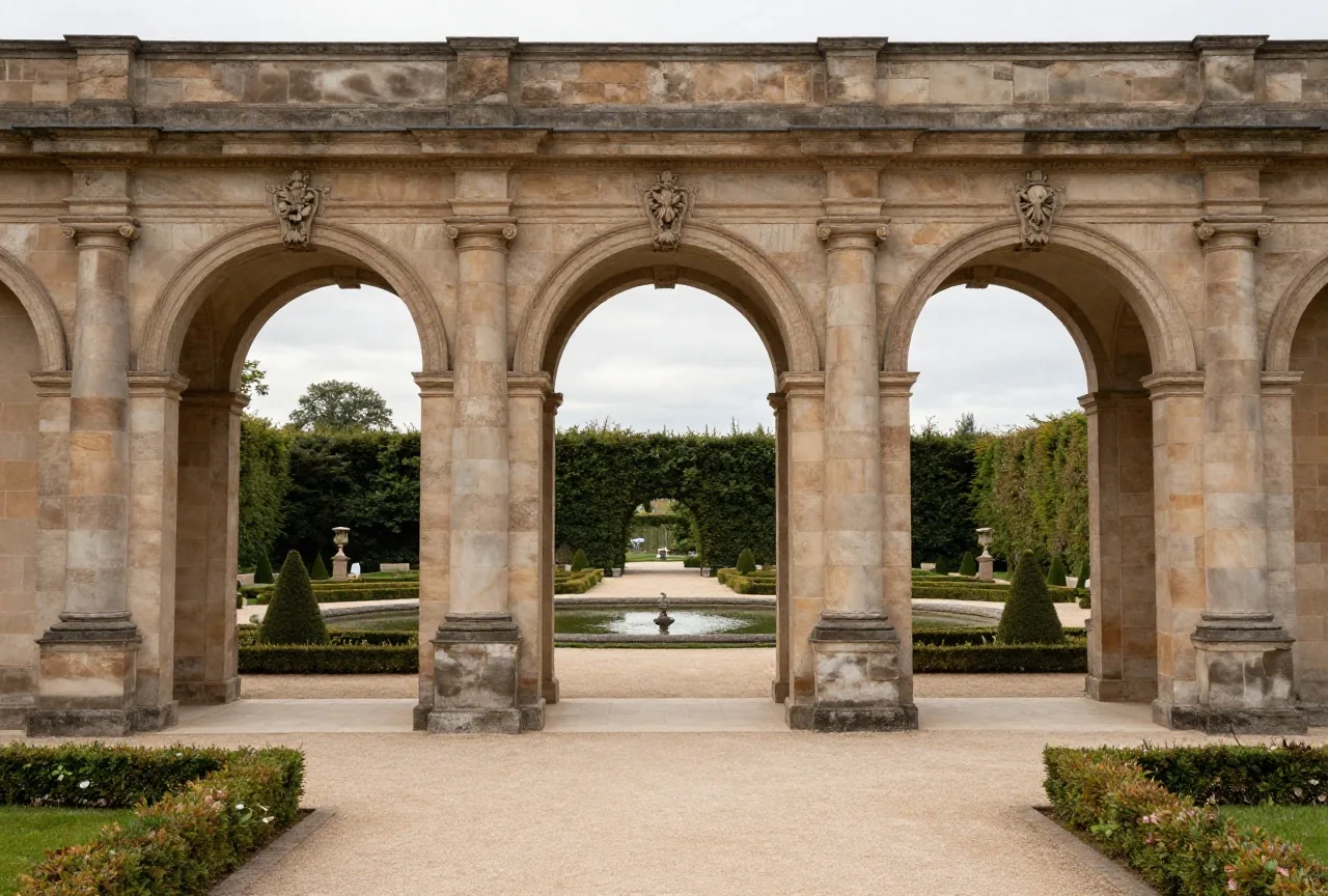 Eine barocke Gartenhalle mit drei hohen Bögen neben einem geometrischen Garten mit Hecken und Teich