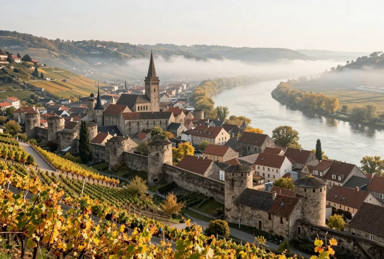 Eine befestigte Altstadt auf einem Hügel über einem breiten Flusstal mit Weinbergen im Morgennebel