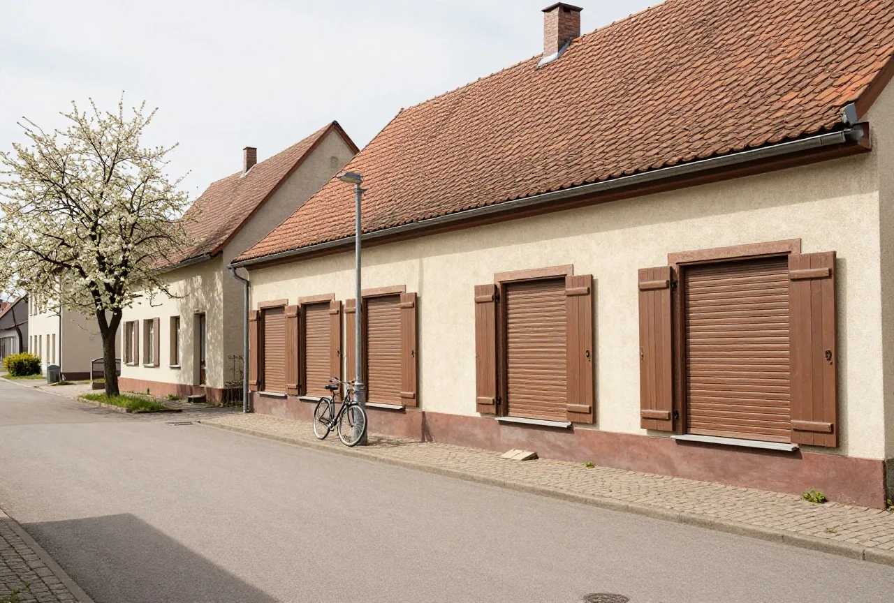 Eine menschenleere Wohnstraße im Frühling mit geschlossenen Rollläden, einem Fahrrad an der Laterne und blühenden Bäumen
