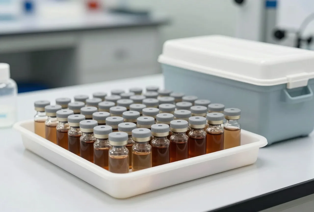 Reihen kleiner Glasfläschchen mit grauen Kappen in einer weißen Laborschale neben einer Kühlbox