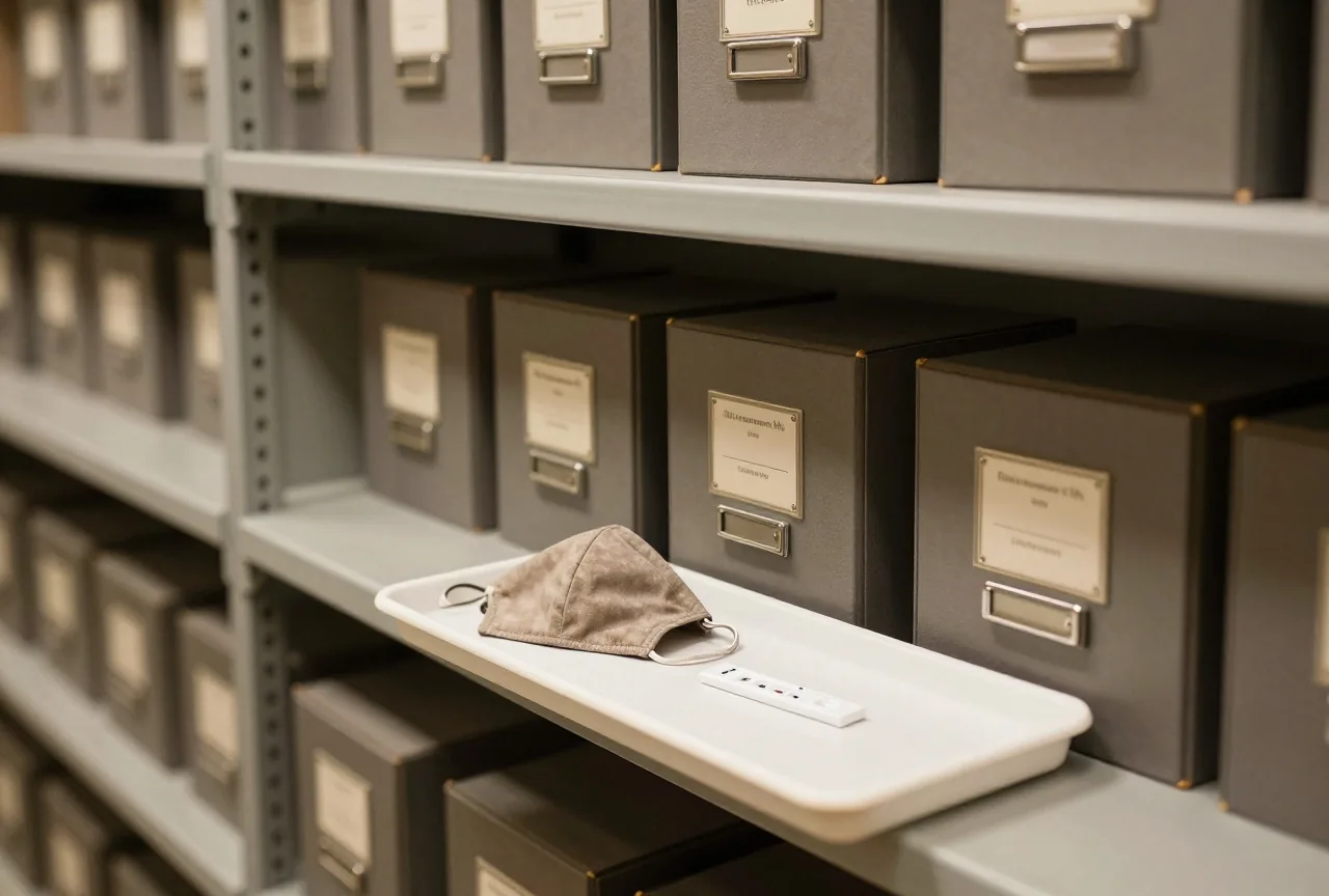 Ein Museumsdepot mit grauen Archivkartons, davor eine Stoffmaske und ein benutztes Testset auf einer weißen Ablage