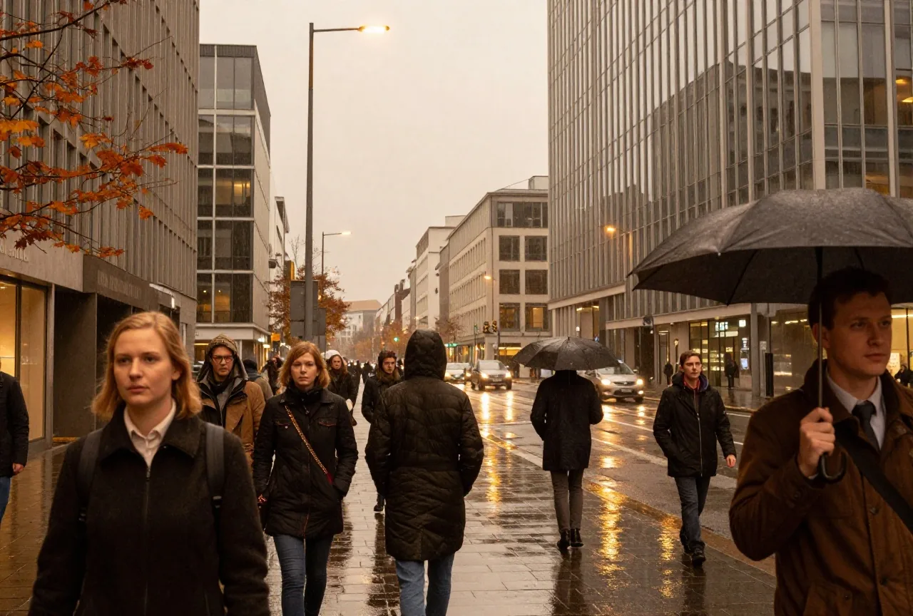 Eine nasse Straße zwischen gläsernen Bürotürmen im Herbstregen, eine Person mit Schirm von hinten gesehen