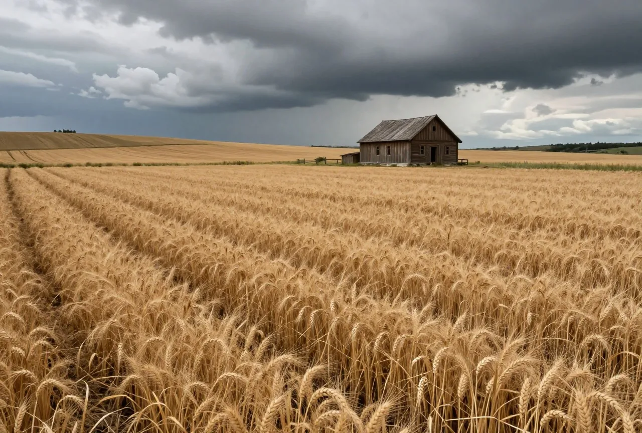 Ein verregnetes Getreidefeld mit niedergedrückten Halmen, ein einfaches Bauernhaus und Sturmwolken über Hügeln