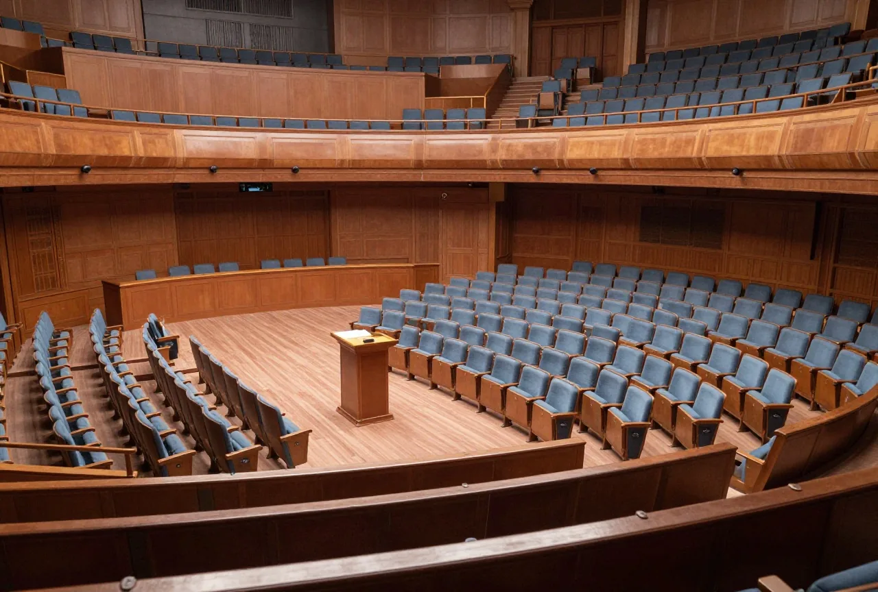 Ein leerer großer Versammlungssaal mit geschwungenen Reihen blauer Sitze und einem langen Podium im Tageslicht