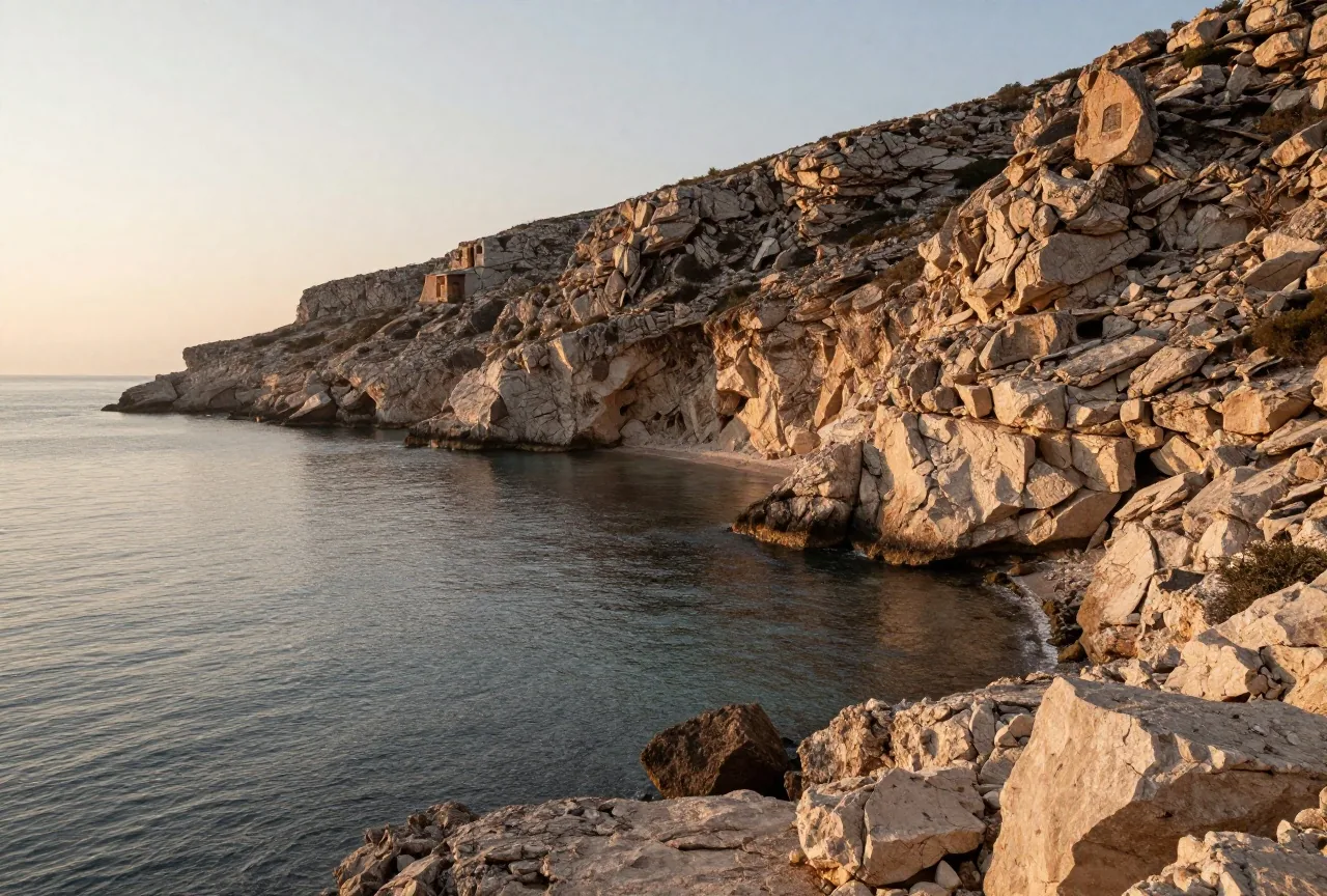 Eine felsige Küste am Schwarzen Meer mit steilen Kalksteinklippen bei Sonnenaufgang und einer kleinen leeren Bucht