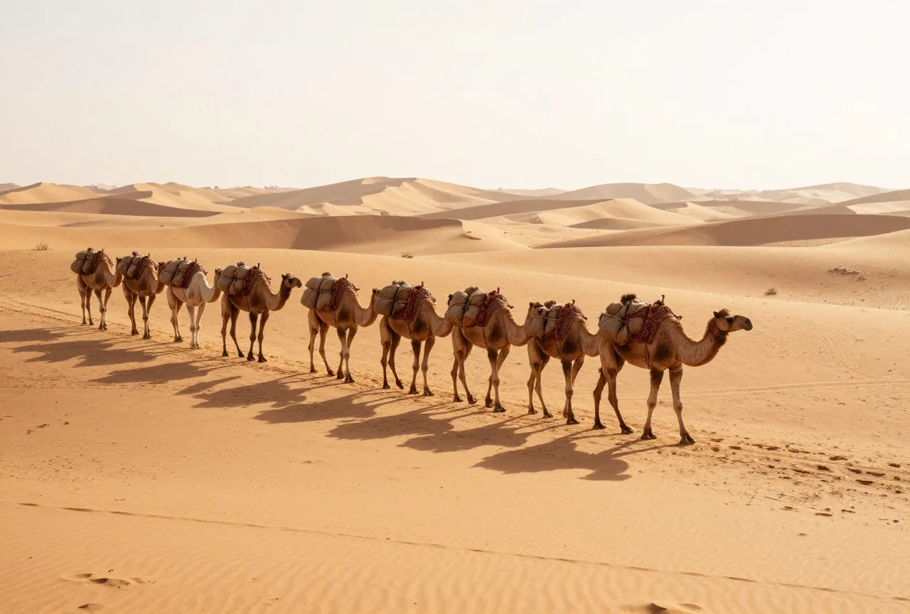 Eine lange Reihe beladener Kamele zieht bei Sonnenaufgang über goldene Sanddünen und wirft lange Schatten