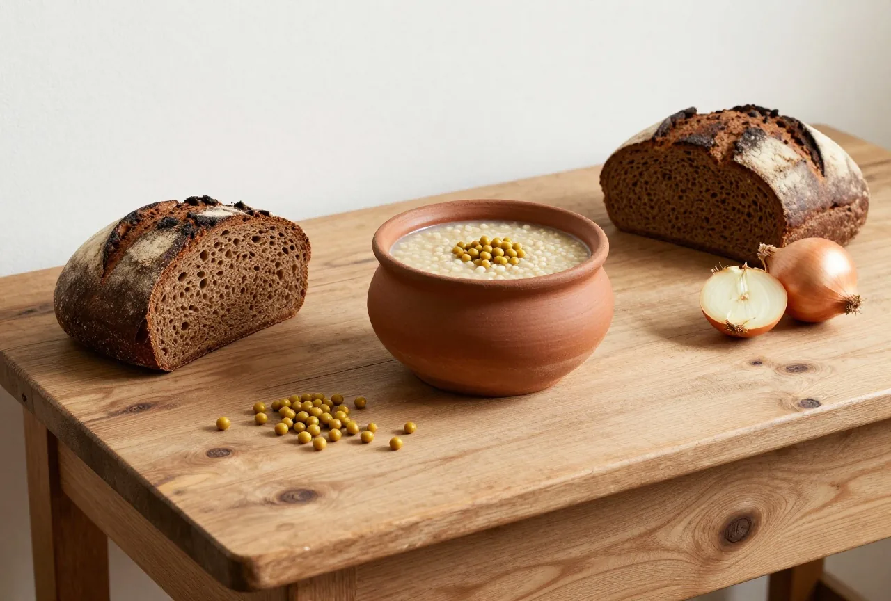Ein rustikaler Holztisch mit Tontopf voller Getreidebrei, dunklem Roggenbrot, getrockneten Erbsen und Zwiebeln in einer Bauernküche