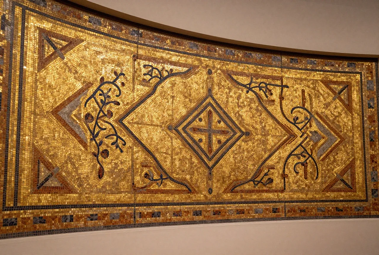 Nahaufnahme eines goldenen Glasmosaiks mit geometrischen Mustern und Rankenornamenten an einer gewölbten Wand