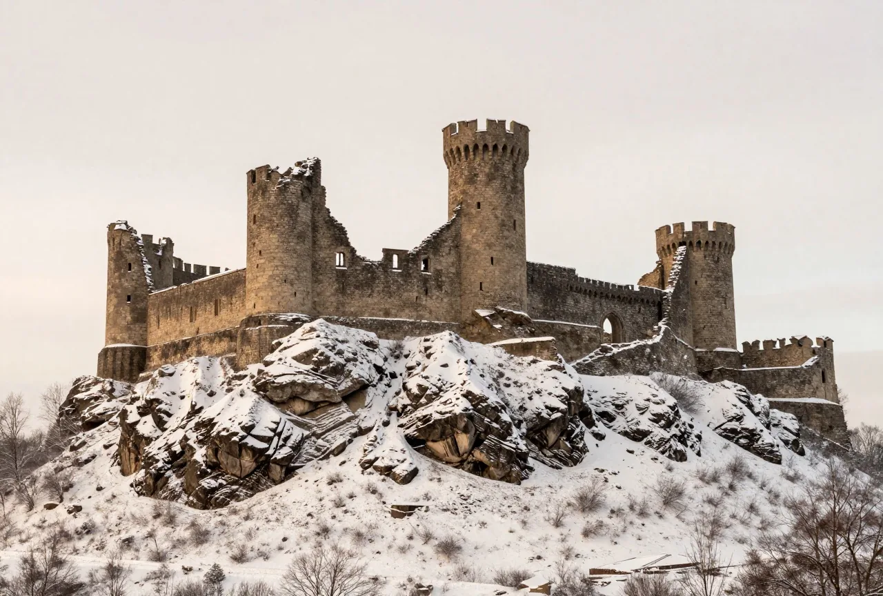 Schneebedeckte Ruinen einer mittelalterlichen Burg auf einem felsigen Hügel im fahlen Winterlicht