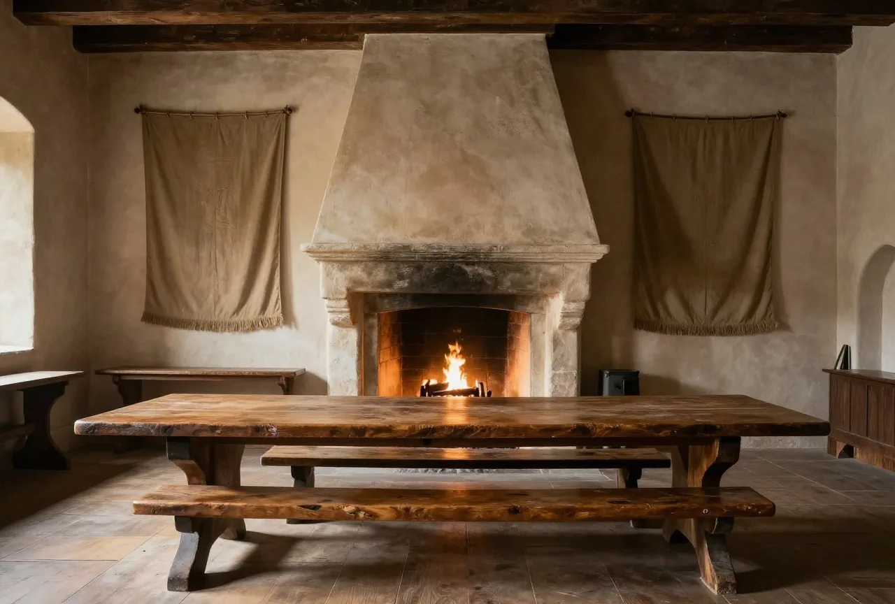 Eine dämmrige mittelalterliche Halle mit langem Holztisch, Kamin aus Stein und schlichten Stoffbahnen an den Balken