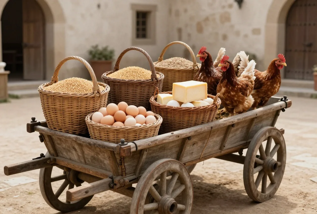 Körbe mit Getreide, Eiern und Käse und einige Hühner auf einem Holzkarren in einem mittelalterlichen Hof