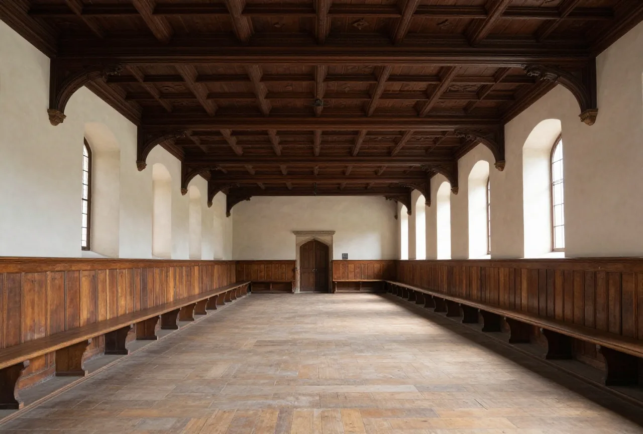Ein langer gotischer Saal mit dunkler Holzkassettendecke und schlichten Holzbänken an den Wänden