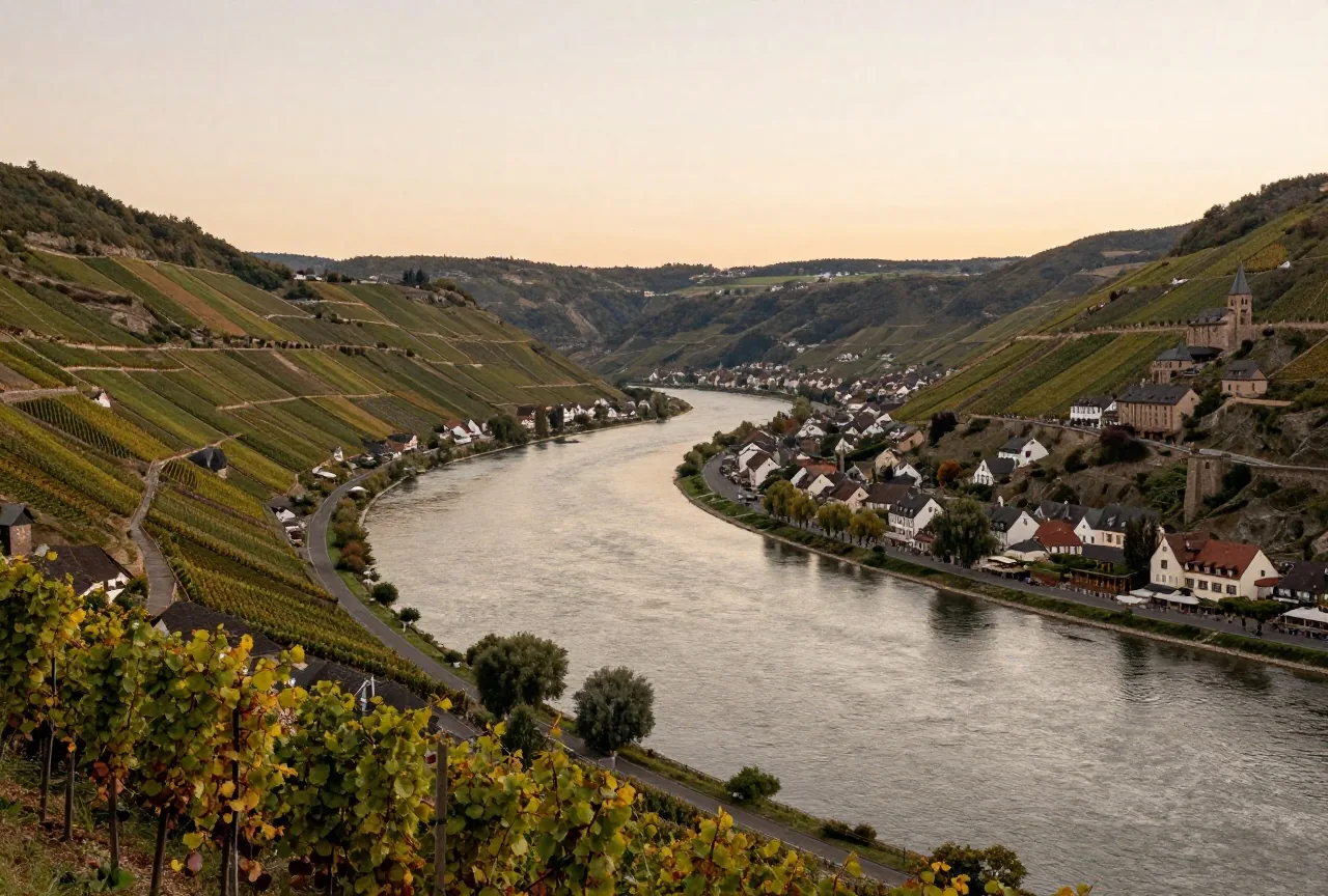 Der Rhein in einem weiten Tal in der Abenddämmerung mit Weinbergen an den Hängen und einer kleinen Stadt