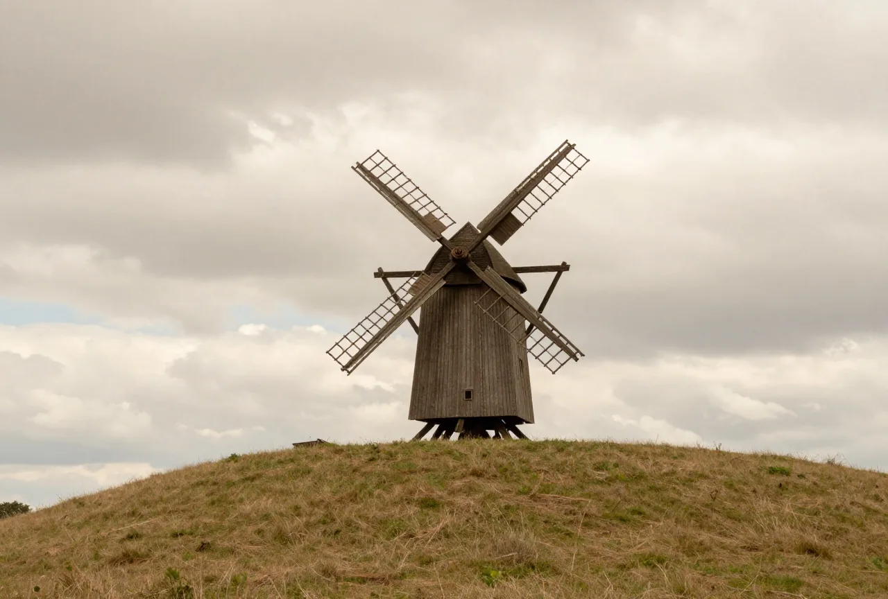 Ein sanfter grasbewachsener Hügel mit einer einzelnen Holzwindmühle unter weitem Wolkenhimmel in Nordfrankreich